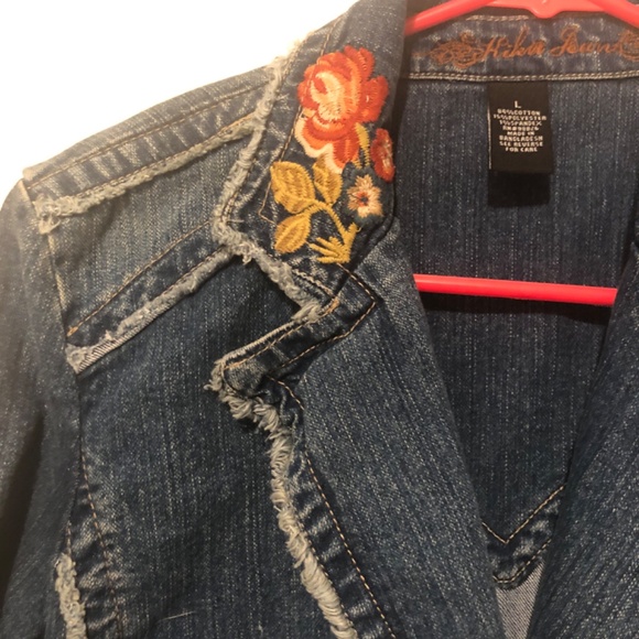 Floral Embroidered Denim Jean Jacket Bohemian Colorful Y2K Kikit Jeans sz Large - Picture 5 of 10